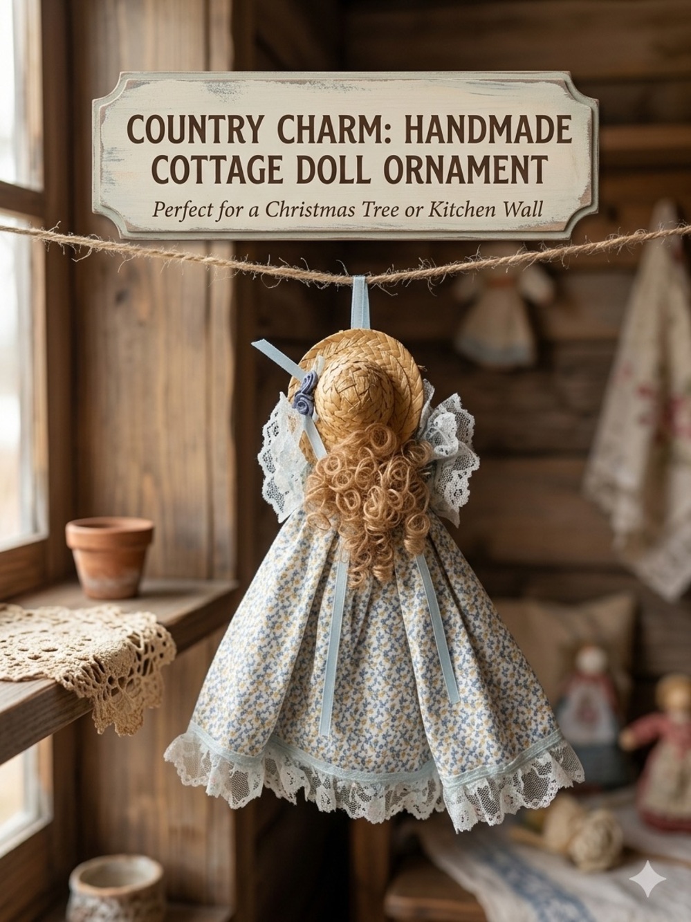 Vintage Style Cottage Doll Wall Hanging / Handmade Country Charm Doll Ornament